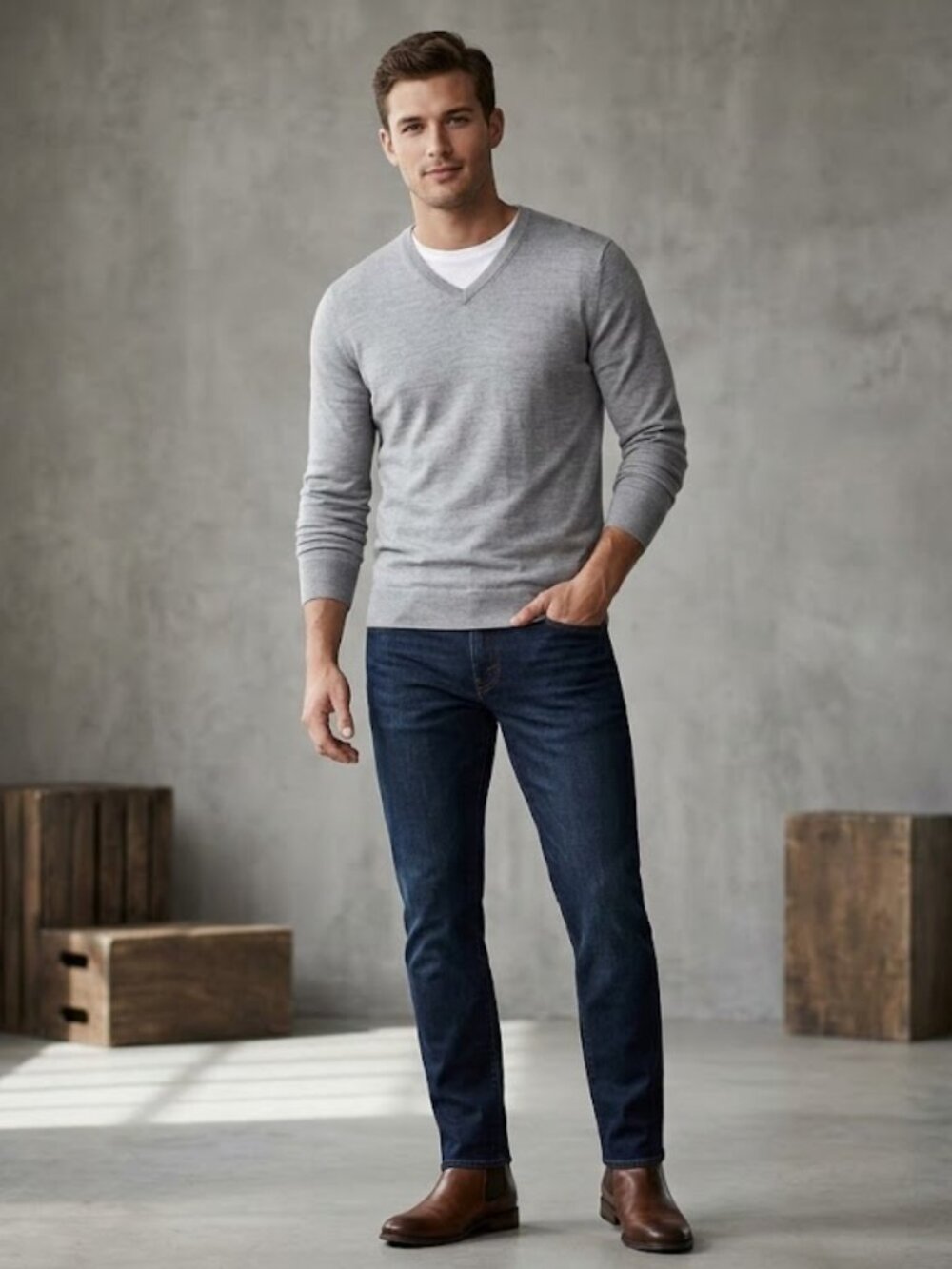 Express Men's V-Neck Grey Sweater Medium